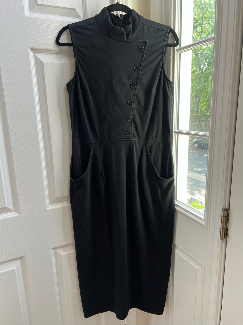 eshakti Sleeveless Black Midi Dress with Asymmetrical Button Placket - Picture 2 of 12